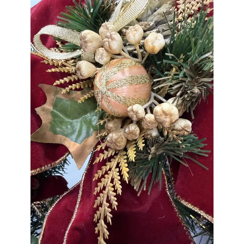 Christmas Wreath Burgundy Velvet Bow Pinecones Apples Berries Holiday Decor